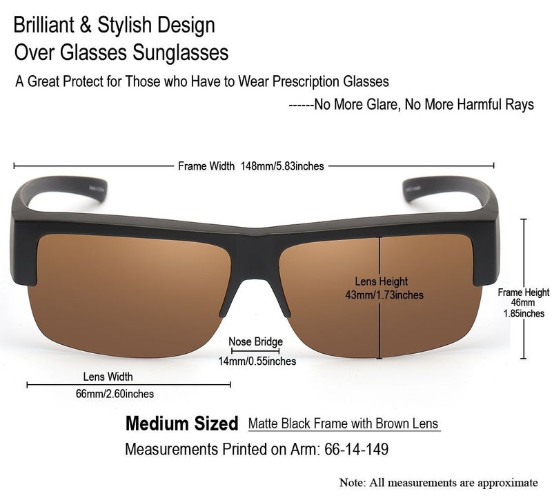 CAXMAN Wear Over Glasses Sunglasses Polarized Lens for Prescription Glasses, Medium Sized Half Frame, Matte Black Frame Brown Lens - Image 2